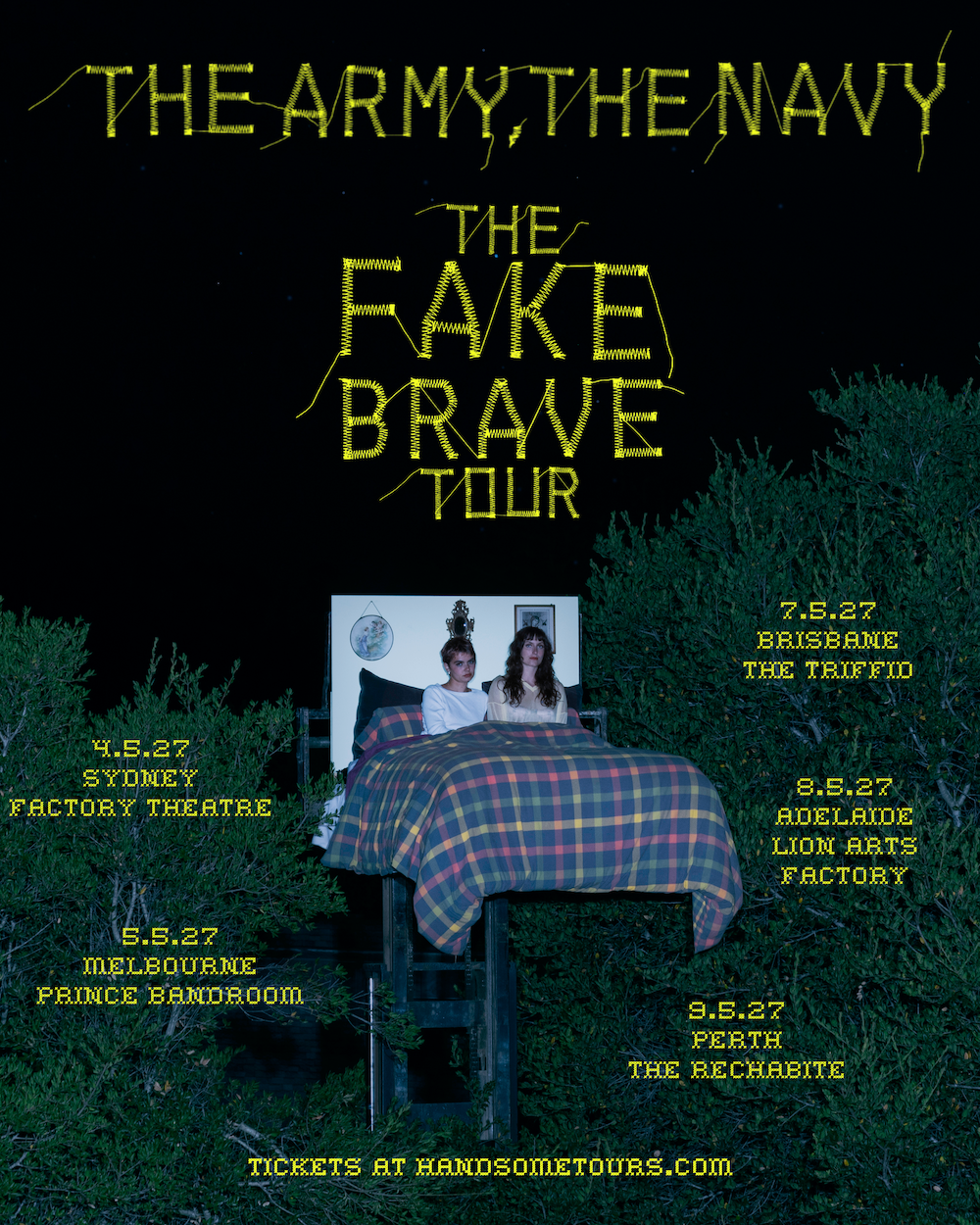 The Army, The Navy Fake Brave Tour poster showing the duo sitting in bed outdoors with Australian dates in Sydney, Melbourne, and Adelaide.